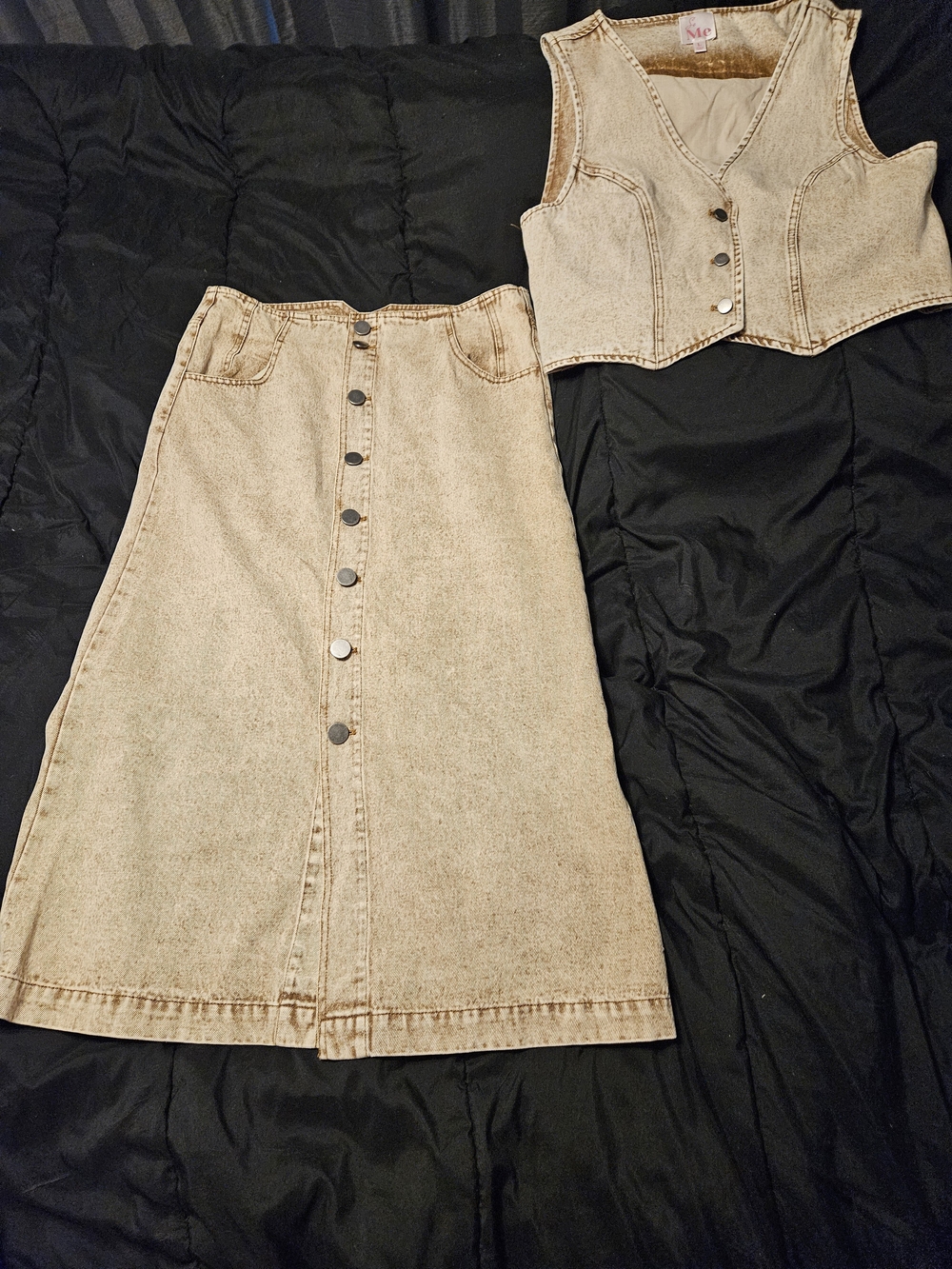 So Me Tan Button-Front Denim Midi Skirt With Matching Vest